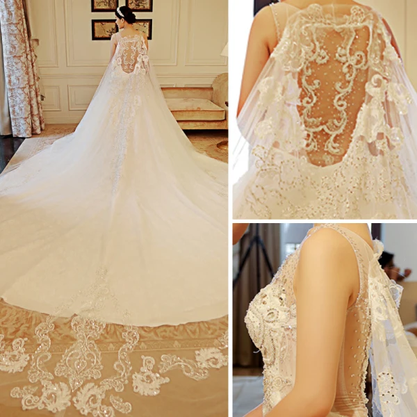 Luxury / Gorgeous Ivory See-through Wedding Dresses 2018 A-Line / Princess Scoop Neck Sleeveless Appliques Lace Beading Crystal Rhinestone Ruffle Royal Train