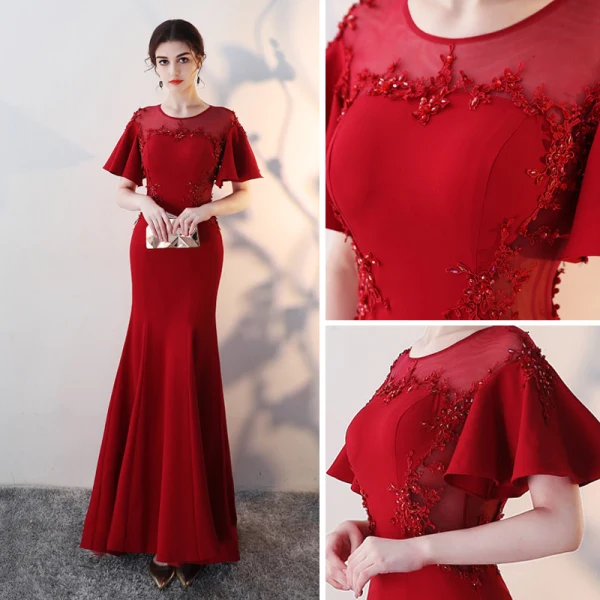 Chic / Belle Bordeaux Transparentes Robe De Soirée 2018 Trompette / Sirène Encolure Dégagée Manches Courtes Appliques En Dentelle Faux Diamant Train De Balayage Dos Nu Robe De Ceremonie