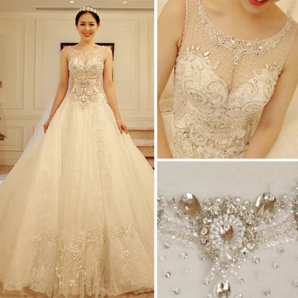 Luxury / Gorgeous Ivory See-through Wedding Dresses 2018 A-Line / Princess Scoop Neck Sleeveless Appliques Lace Beading Crystal Rhinestone Ruffle Royal Train