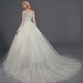 Luxury Gorgeous Ivory Wedding Dresses 2020 A Line Princess U Neck Long Sleeve Embroidered Flower Appliques Backless Beading Chapel Train Wedding