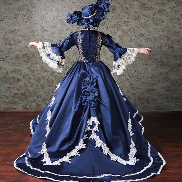 Vintage / Retro Medieval Navy Blue Ball Gown Prom Dresses 2021 High Neck Zipper Up Long Sleeve 3D Lace Appliques Embroidered Beading Sequins Cosplay Prom Chapel Train Formal Dresses