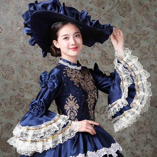 Vintage / Retro Medieval Navy Blue Ball Gown Prom Dresses 2021 High Neck Zipper Up Long Sleeve 3D Lace Appliques Embroidered Beading Sequins Cosplay Prom Chapel Train Formal Dresses