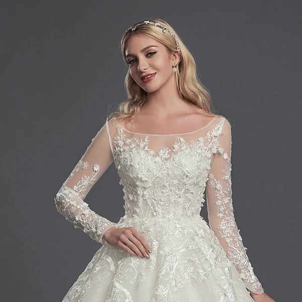 Luxe Ivoire Robe De Mariée 2020 Princesse U-Cou Manches Longues Brodé Fleur Appliques Dos Nu Perlage Chapel Train Mariage