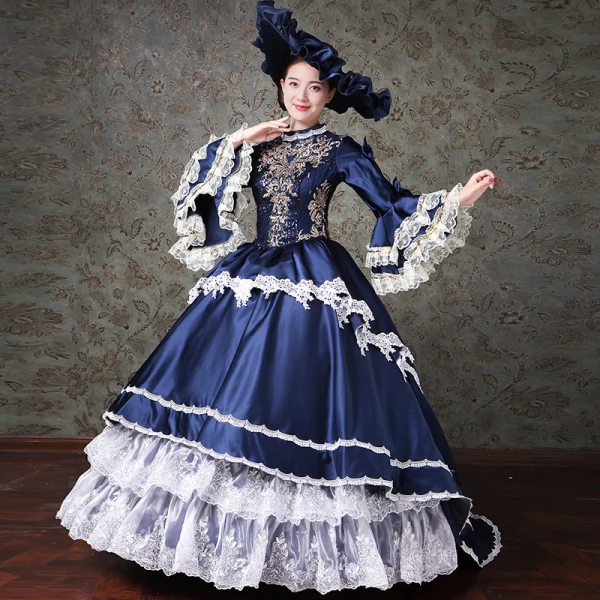 Vintage / Retro Medieval Navy Blue Ball Gown Prom Dresses 2021 High Neck Zipper Up Long Sleeve 3D Lace Appliques Embroidered Beading Sequins Cosplay Prom Chapel Train Formal Dresses