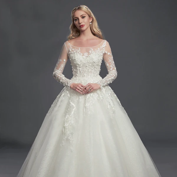 Luxe Ivoire Robe De Mariée 2020 Princesse U-Cou Manches Longues Brodé Fleur Appliques Dos Nu Perlage Chapel Train Mariage