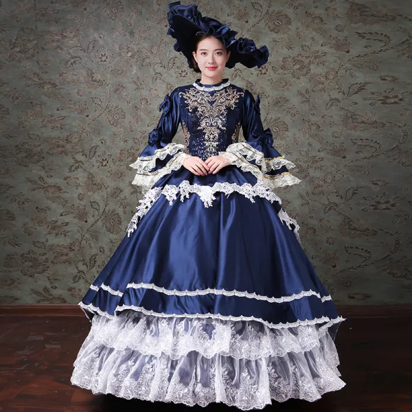 Vintage / Retro Medieval Navy Blue Ball Gown Prom Dresses 2021 High Neck Zipper Up Long Sleeve 3D Lace Appliques Embroidered Beading Sequins Cosplay Prom Chapel Train Formal Dresses