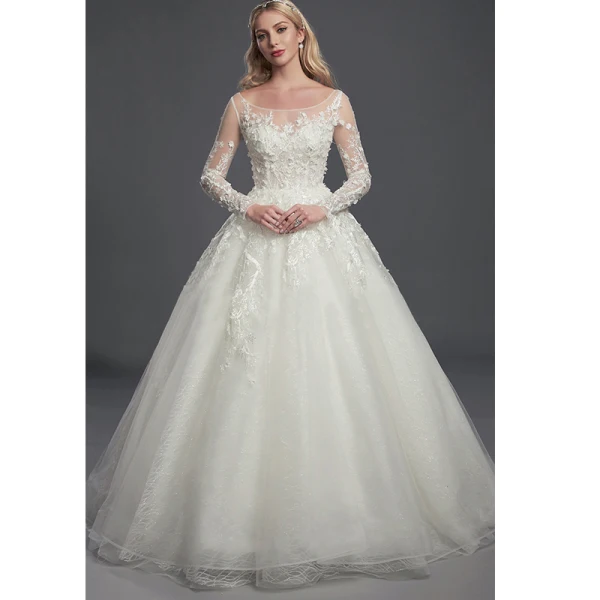 Luxe Ivoire Robe De Mariée 2020 Princesse U-Cou Manches Longues Brodé Fleur Appliques Dos Nu Perlage Chapel Train Mariage