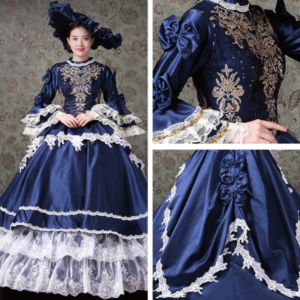 Vintage / Retro Medieval Navy Blue Ball Gown Prom Dresses 2021 High Neck Zipper Up Long Sleeve 3D Lace Appliques Embroidered Beading Sequins Cosplay Prom Chapel Train Formal Dresses
