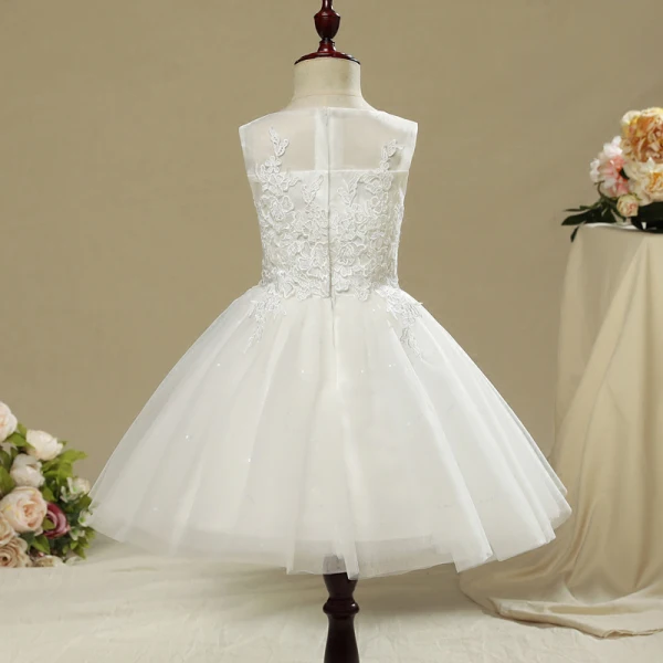 Chic / Beautiful Church Wedding Party Dresses 2017 Flower Girl Dresses White Short A-Line / Princess Cascading Ruffles Scoop Neck Sleeveless Flower Appliques Glitter Sequins
