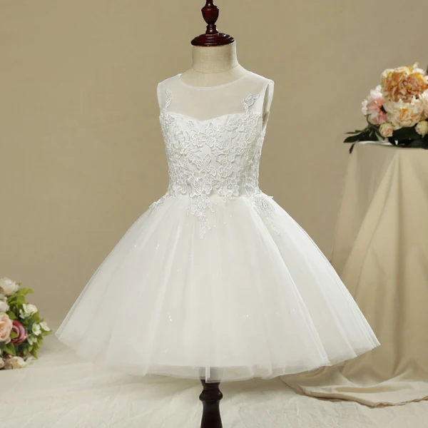 Chic / Beautiful Church Wedding Party Dresses 2017 Flower Girl Dresses White Short A-Line / Princess Cascading Ruffles Scoop Neck Sleeveless Flower Appliques Glitter Sequins
