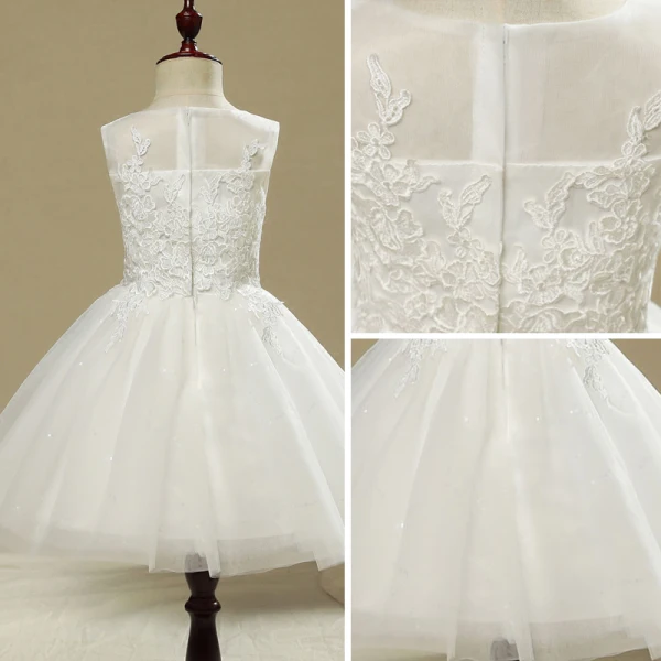 Chic / Beautiful Church Wedding Party Dresses 2017 Flower Girl Dresses White Short A-Line / Princess Cascading Ruffles Scoop Neck Sleeveless Flower Appliques Glitter Sequins