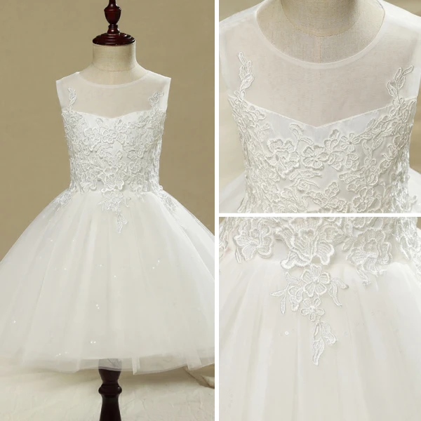 Chic / Beautiful Church Wedding Party Dresses 2017 Flower Girl Dresses White Short A-Line / Princess Cascading Ruffles Scoop Neck Sleeveless Flower Appliques Glitter Sequins