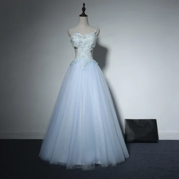 Sexy Soirée Robe De Ceremonie 2017 Robe De Soirée Bleu Ciel Princesse Longue Dos Nu Bretelles Spaghetti Sans Manches Appliques Fleur Paillettes Perlage