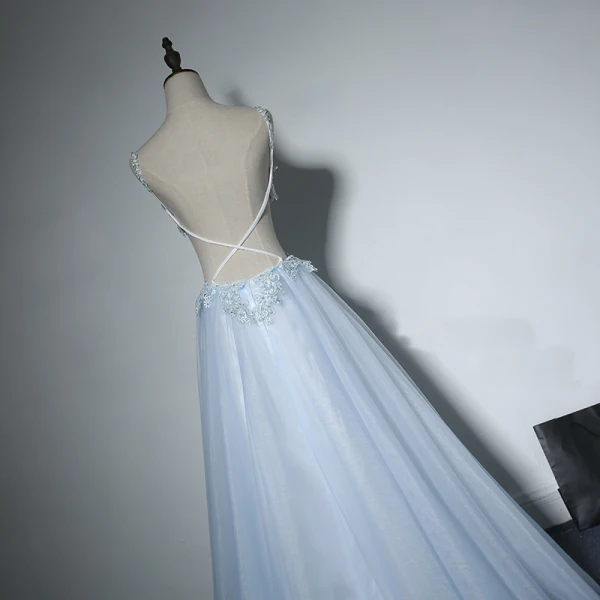 Sexy Evening Party Formal Dresses 2017 Evening Dresses Sky Blue A-Line / Princess Floor-Length / Long Backless Spaghetti Straps Sleeveless Appliques Flower Sequins Beading