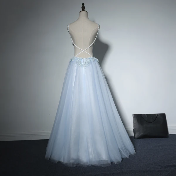 Sexy Evening Party Formal Dresses 2017 Evening Dresses Sky Blue A-Line / Princess Floor-Length / Long Backless Spaghetti Straps Sleeveless Appliques Flower Sequins Beading