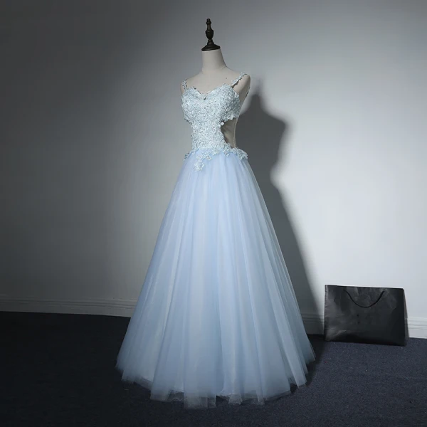 Sexy Evening Party Formal Dresses 2017 Evening Dresses Sky Blue A-Line / Princess Floor-Length / Long Backless Spaghetti Straps Sleeveless Appliques Flower Sequins Beading