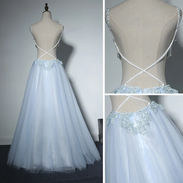 Sexy Evening Party Formal Dresses 2017 Evening Dresses Sky Blue A-Line / Princess Floor-Length / Long Backless Spaghetti Straps Sleeveless Appliques Flower Sequins Beading