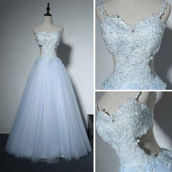 Sexy Evening Party Formal Dresses 2017 Evening Dresses Sky Blue A-Line / Princess Floor-Length / Long Backless Spaghetti Straps Sleeveless Appliques Flower Sequins Beading
