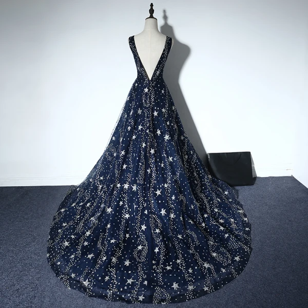 Sparkly Evening Party Formal Dresses 2017 Evening Dresses Navy Blue A-Line / Princess Chapel Train Sleeveless Scoop Neck Backless Beading Rhinestone