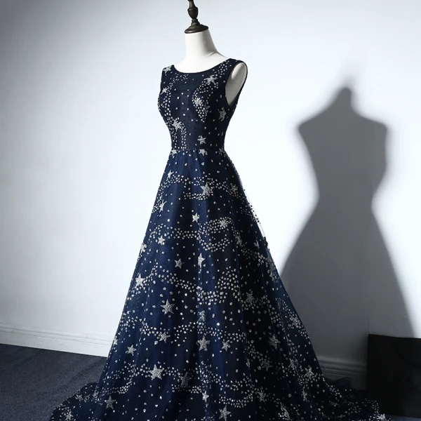 Sparkly Evening Party Formal Dresses 2017 Evening Dresses Navy Blue A-Line / Princess Chapel Train Sleeveless Scoop Neck Backless Beading Rhinestone