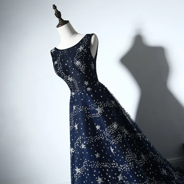 Sparkly Evening Party Formal Dresses 2017 Evening Dresses Navy Blue A-Line / Princess Chapel Train Sleeveless Scoop Neck Backless Beading Rhinestone