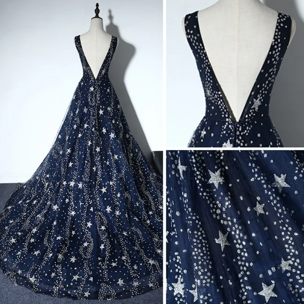 Sparkly Evening Party Formal Dresses 2017 Evening Dresses Navy Blue A-Line / Princess Chapel Train Sleeveless Scoop Neck Backless Beading Rhinestone