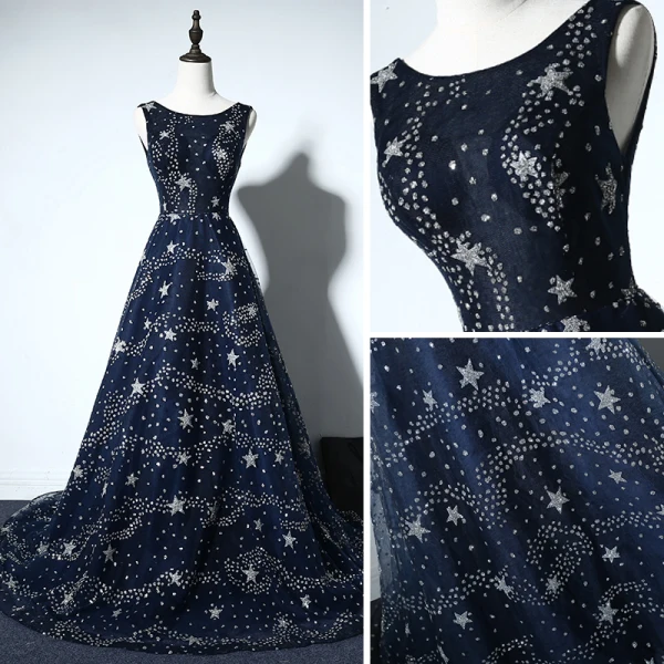 Sparkly Evening Party Formal Dresses 2017 Evening Dresses Navy Blue A-Line / Princess Chapel Train Sleeveless Scoop Neck Backless Beading Rhinestone