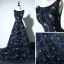 Sparkly Evening Party Formal Dresses 2017 Evening Dresses  Navy Blue A-Line / Princess Chapel Train Sleeveless Scoop Neck Backless Beading Rhinestone