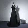 2 Piece Evening Party Formal Dresses 2017 Evening Dresses  Black A-Line / Princess Sweep Train Backless V-Neck Sleeveless