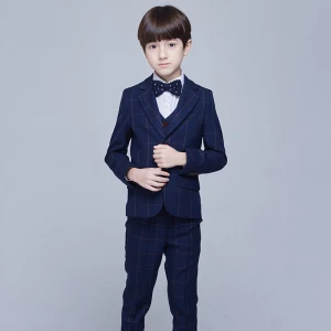 Simple Bleu Marine Manches Longues Boys Wedding Suits 2017