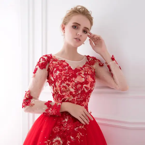 Charming Red See-through Prom Dresses 2018 A-Line / Princess Scoop Neck Long Sleeve Appliques Lace Beading Rhinestone Floor-Length / Long Ruffle
