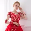 Charming Red See-through Prom Dresses 2018 A-Line / Princess Scoop Neck Long Sleeve Appliques Lace Beading Rhinestone Floor-Length / Long Ruffle Backless Formal Dresses