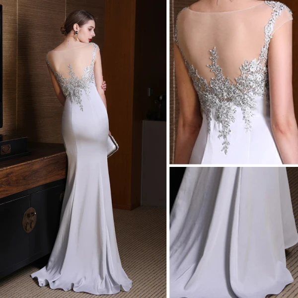Sexy Grau Durchsichtige Abendkleider 2018 Mermaid Rundhalsausschnitt Ärmellos Pailletten Strass Sweep / Pinsel Zug Rüschen Festliche Kleider