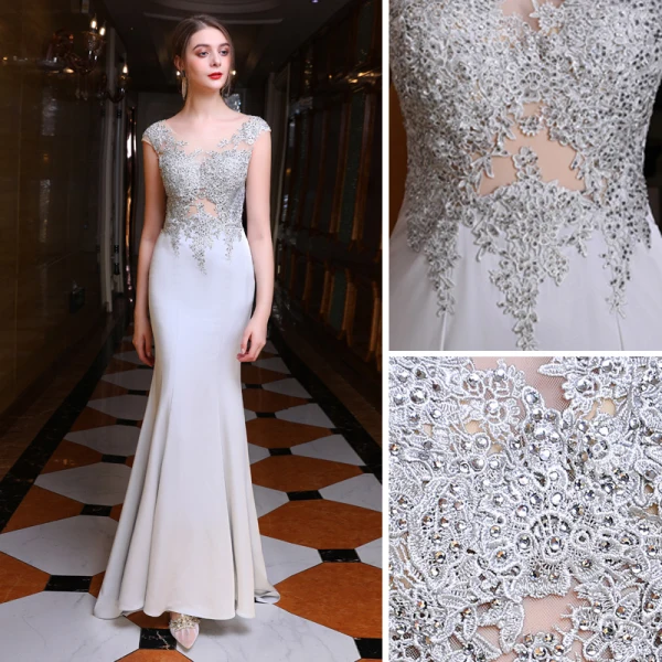 Sexy Grau Durchsichtige Abendkleider 2018 Mermaid Rundhalsausschnitt Ärmellos Pailletten Strass Sweep / Pinsel Zug Rüschen Festliche Kleider