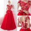 Charmant Rot Durchsichtige Ballkleider 2018 A Linie Rundhalsausschnitt Lange Ärmel Applikationen Mit Spitze Perlenstickerei Strass Lange Rüschen Rückenfreies Festliche Kleider
