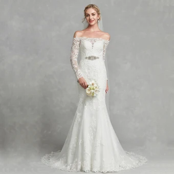 Moderne Mode Blanche Robe De Mariée 2020 Trompette Sirène De L 039 Épaule Manches Longues Brodé Fait Main Train De Balayage Mariage
