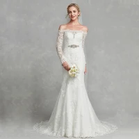 Moda Blanco Vestidos De Novia 2020 Trumpet / Mermaid Fuera Del Hombro Manga Larga Bordado Hecho a mano Colas De Barrido Boda
