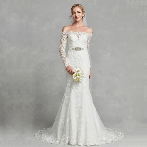 Mode Weiß Brautkleider / Hochzeitskleider 2020 Meerjungfrau Off Shoulder Lange Ärmel Stickerei Handgefertigt Sweep / Pinsel Zug Hochzeit