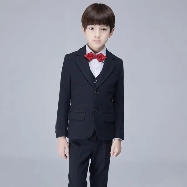 Modest / Simple Black Checked Long Sleeve Boys Wedding Suits 2017
