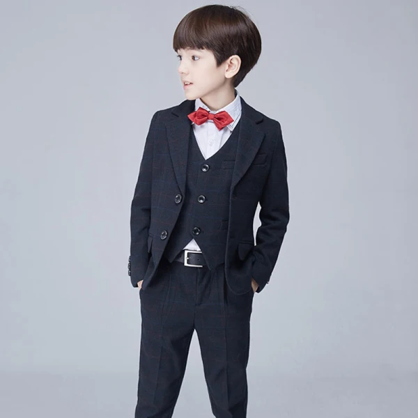 Modest / Simple Black Checked Long Sleeve Boys Wedding Suits 2017