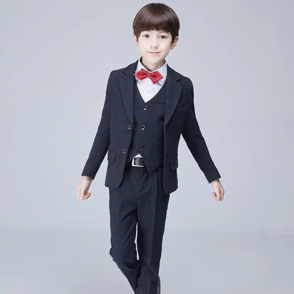 Modest / Simple Black Checked Long Sleeve Boys Wedding Suits 2017