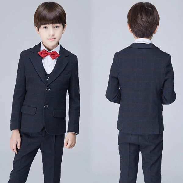 Modest / Simple Black Checked Long Sleeve Boys Wedding Suits 2017