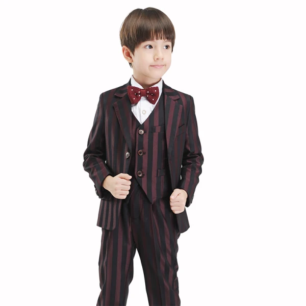 Modest / Simple Black Burgundy Striped Long Sleeve Boys Wedding Suits 2017