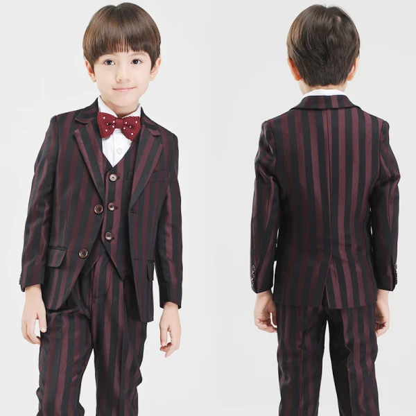 Modest / Simple Black Burgundy Striped Long Sleeve Boys Wedding Suits 2017