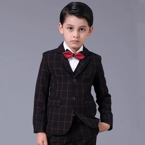 Simple Rouge À Carreaux Manches Longues Boys Wedding Suits 2017