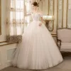 Discount Ivory Wedding Dresses 2018 Ball Gown Off-The-Shoulder Short Sleeve Backless Appliques Lace Ruffle Floor-Length / Long