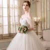 Discount Ivory Wedding Dresses 2018 Ball Gown Off-The-Shoulder Short Sleeve Backless Appliques Lace Ruffle Floor-Length / Long