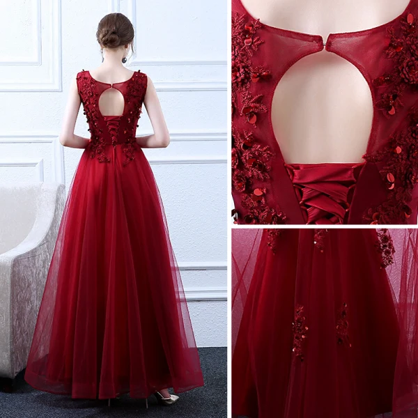 Chic / Belle Bordeaux Robe De Soirée 2018 Princesse Encolure Dégagée Sans Manches Paillettes Appliques Fleur Longue Volants Dos Nu Robe De Ceremonie