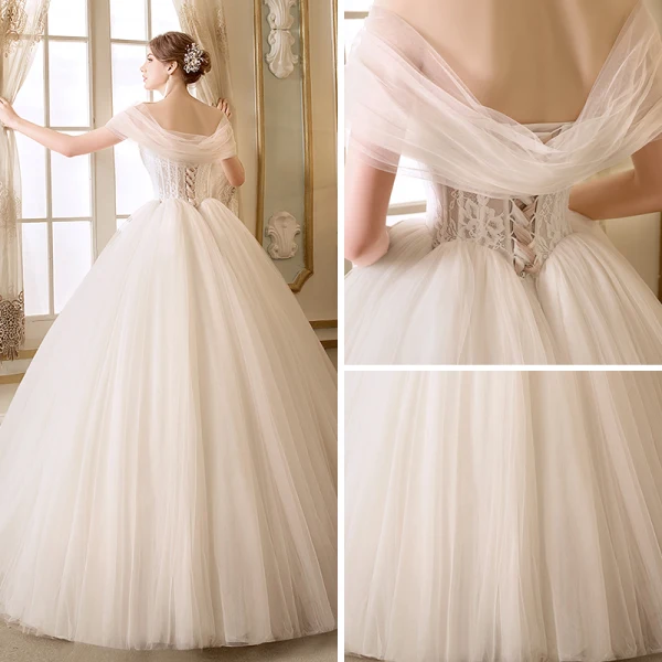 Discount Ivory Wedding Dresses 2018 Ball Gown Off-The-Shoulder Short Sleeve Backless Appliques Lace Ruffle Floor-Length / Long
