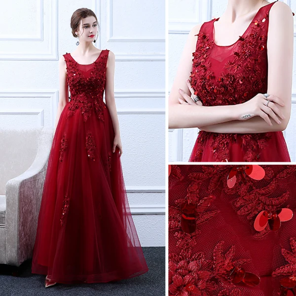 Chic / Belle Bordeaux Robe De Soirée 2018 Princesse Encolure Dégagée Sans Manches Paillettes Appliques Fleur Longue Volants Dos Nu Robe De Ceremonie